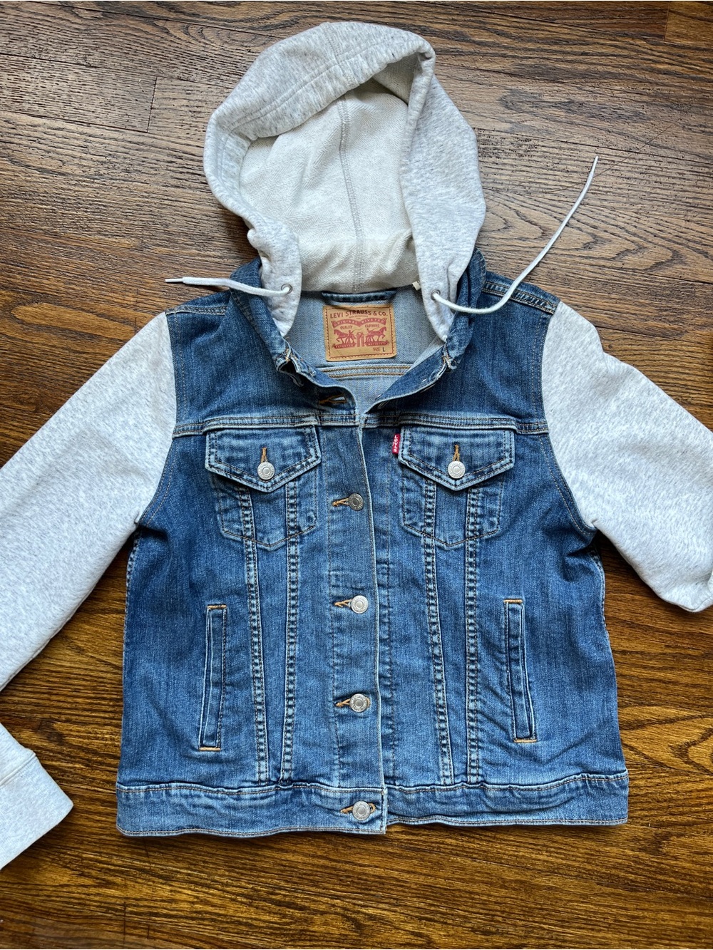 Levi's Blue Denim Jacket with Light Gray Hoodie Sleeves